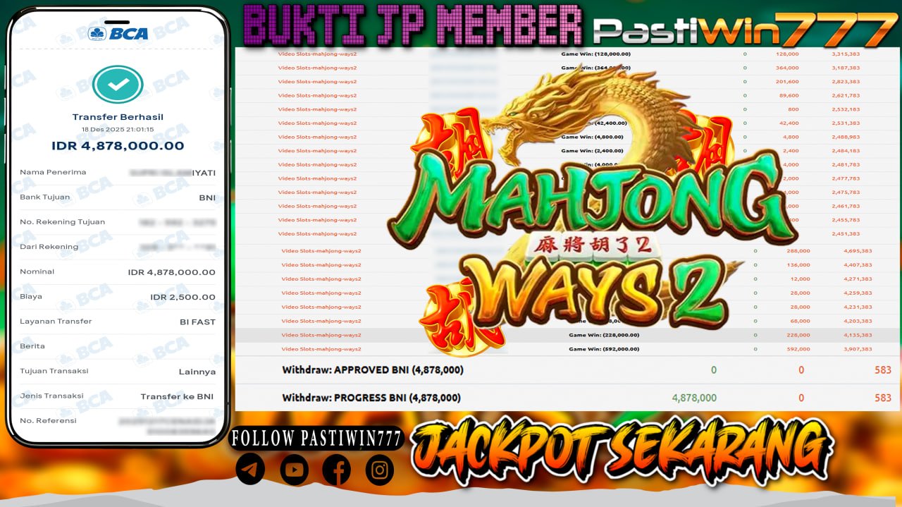 BUKTI JP MEMBER PASTIWIN777 BERMAIN GAME MAHJONG WAYS 2 -PG SOFT