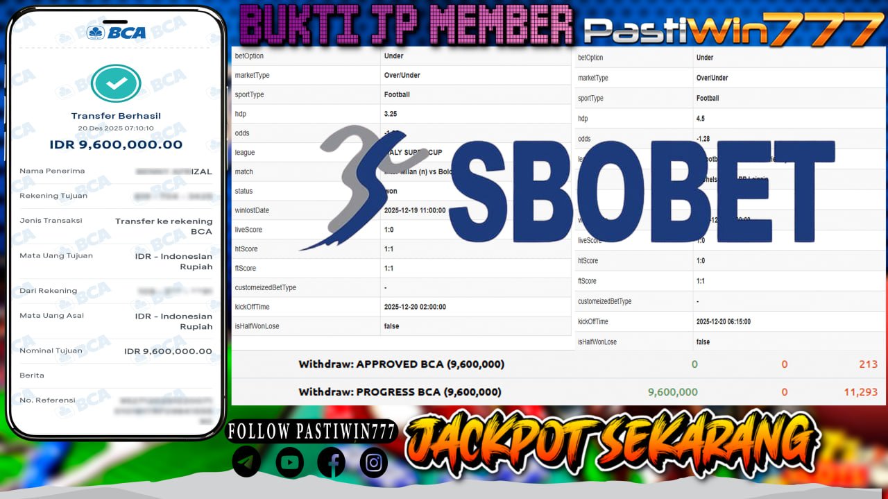 BUKTI JP MEMBER PASTIWIN777 BERMAIN SPORTS BOOK FOOTBALL -SBOBET