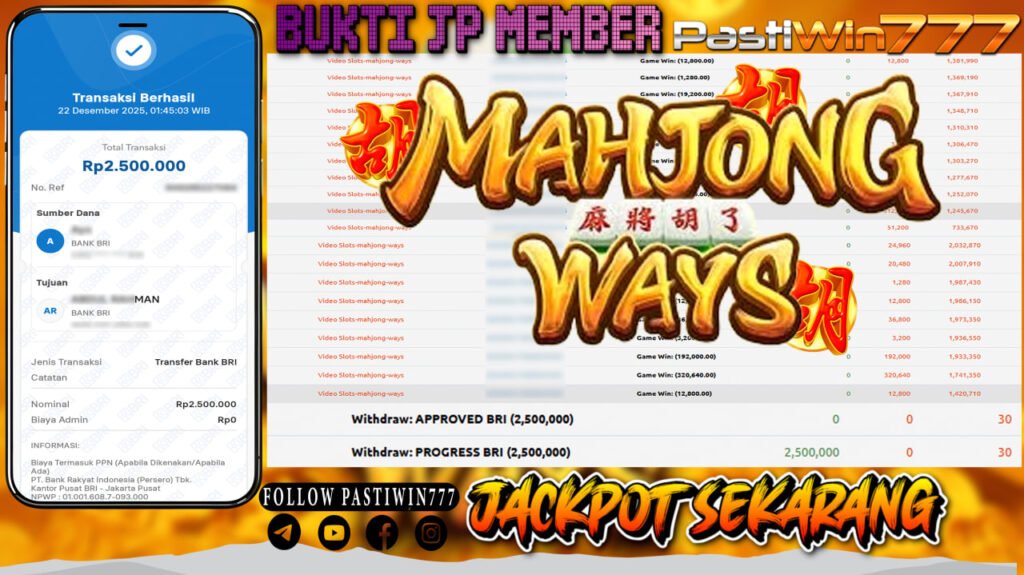 BUKTI JP MEMBER PASTIWIN777 BERMAIN GAME MAHJONG WAYS -PG SOFT