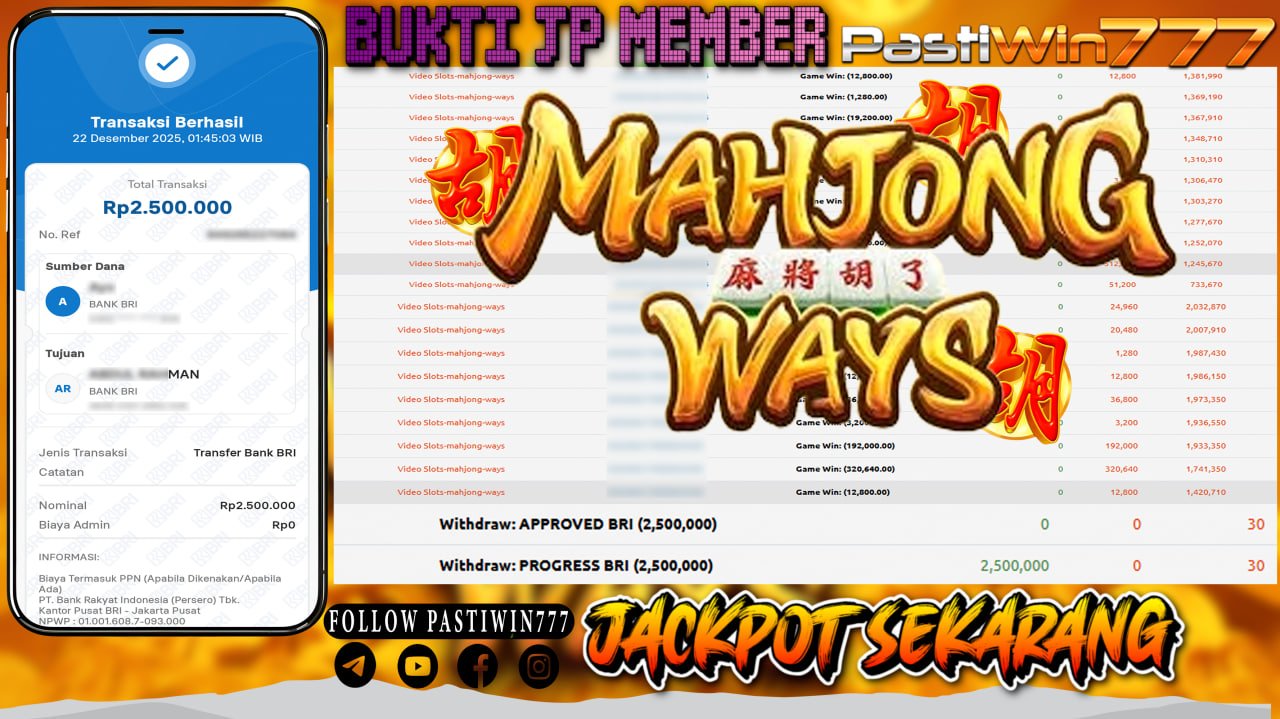 BUKTI JP MEMBER PASTIWIN777 BERMAIN GAME MAHJONG WAYS -PG SOFT