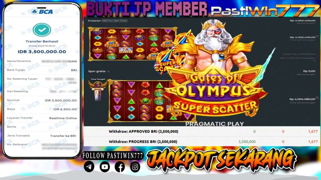 BUKTI JP MEMBER PASTIWIN777 BERMAIN GATES OF OLYMPUS SUPER SCATTER -PRAGMATIC PLAY