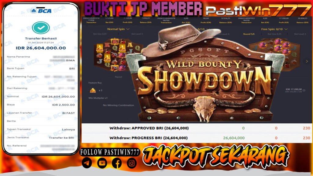 BUKTI JP MEMBER PASTIWIN777 BERMAIN WILD BOUNTY SHOWDOWN -PG SOFT