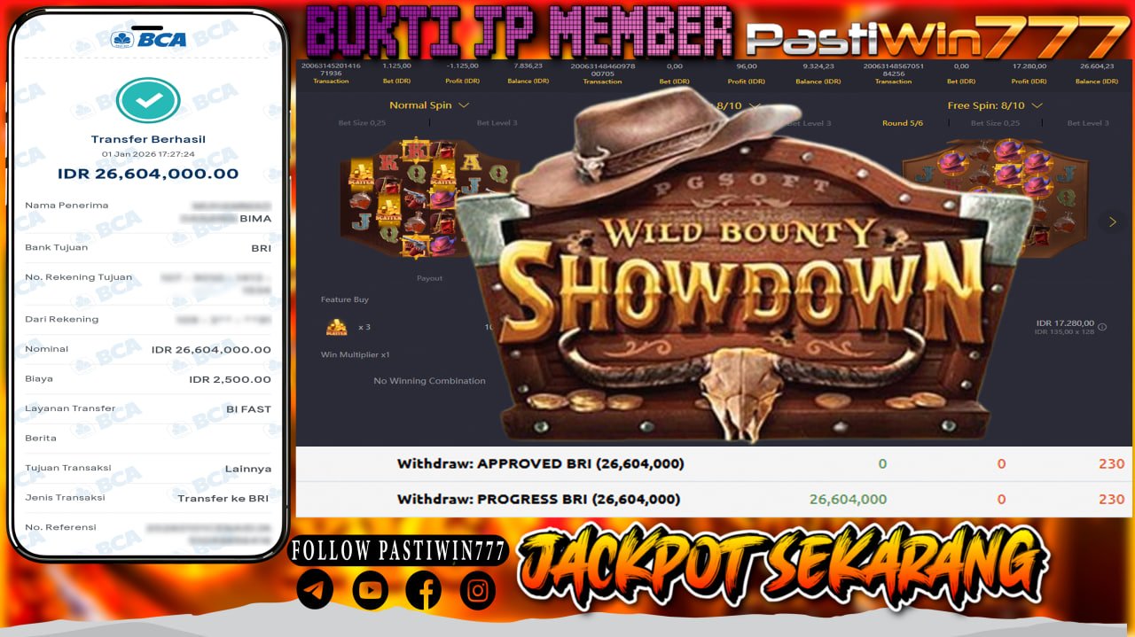 BUKTI JP MEMBER PASTIWIN777 BERMAIN WILD BOUNTY SHOWDOWN -PG SOFT