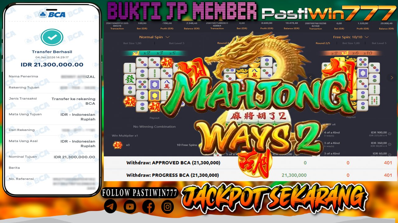 BUKTI JP MEMBER PASTIWIN777 BERMAIN GAME MAHJONG WAYS 2 -PG SOFT