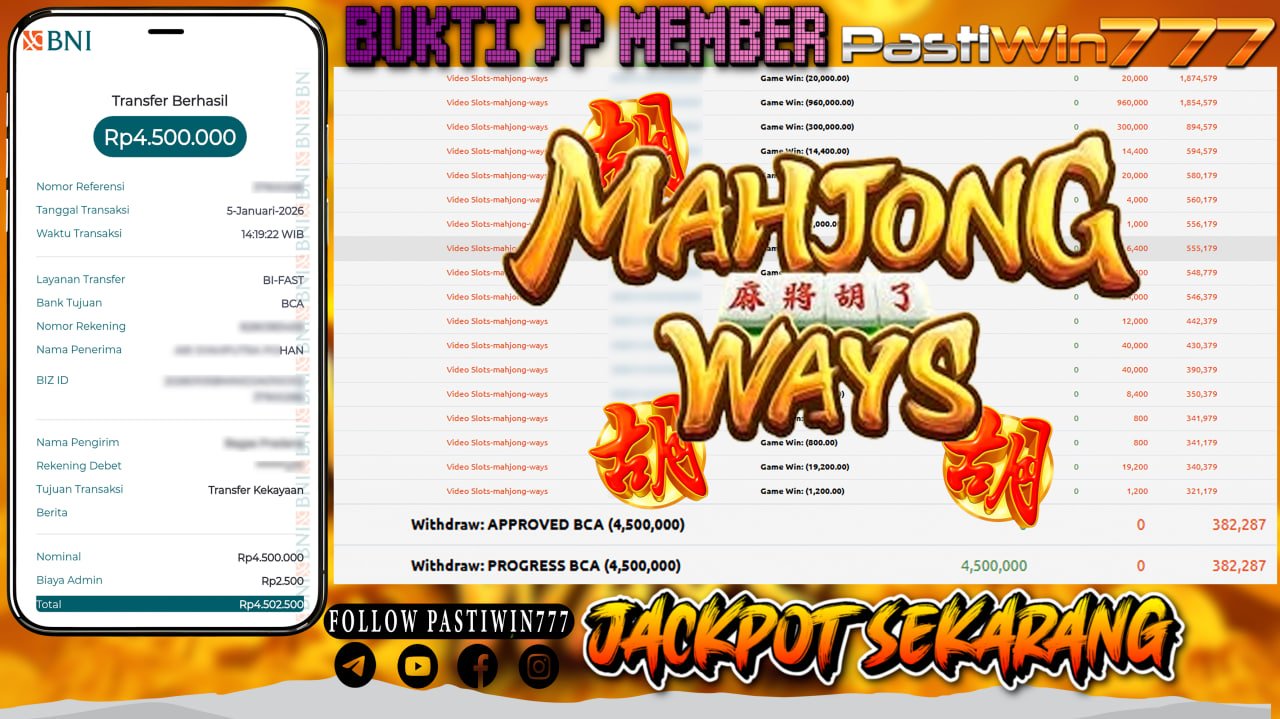 BUKTI JP MEMBER PASTIWIN777 BERMAIN GAME MAHJONG WAYS -PG SOFT