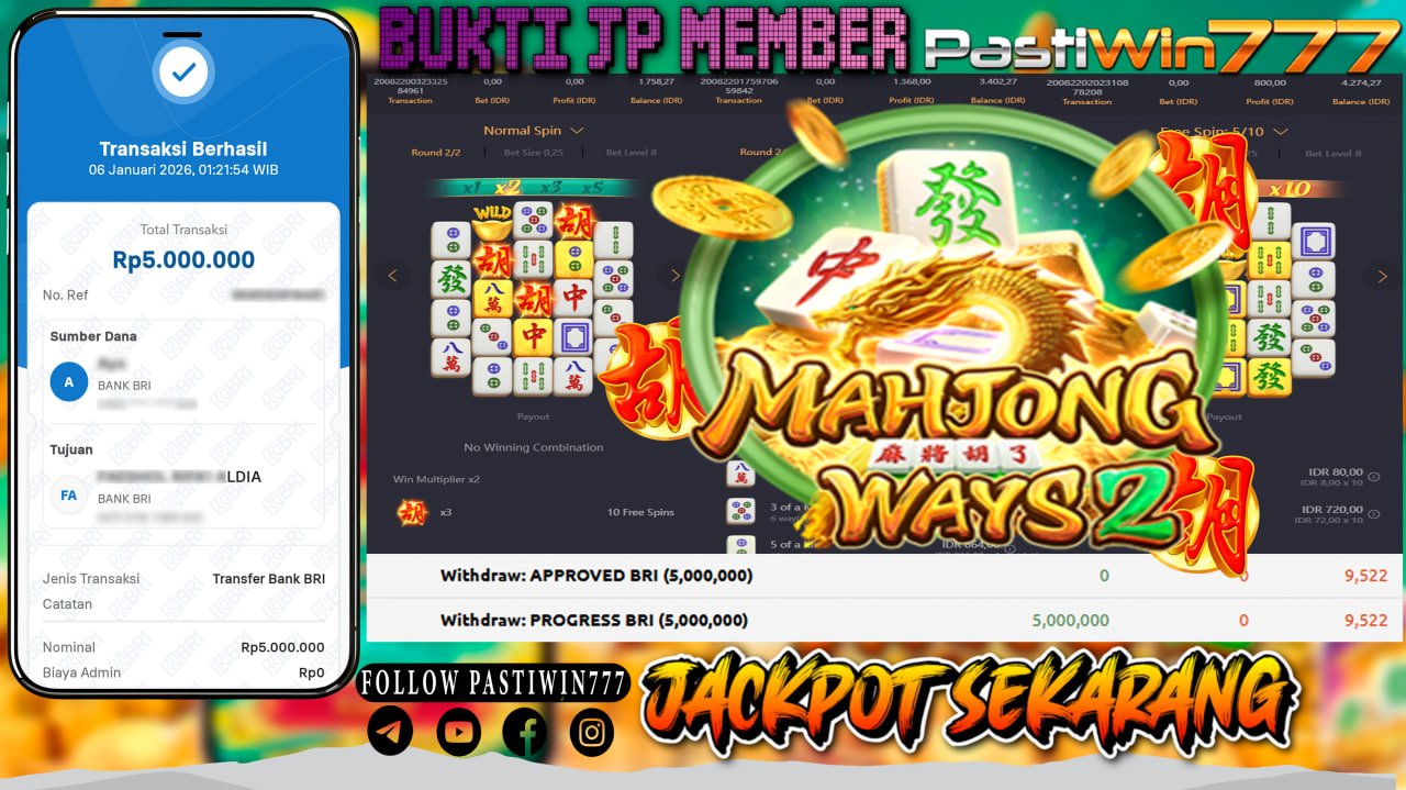 BUKTI JP MEMBER PASTIWIN777 BERMAIN GAME MAHJONG WAYS 2 -PG SOFT
