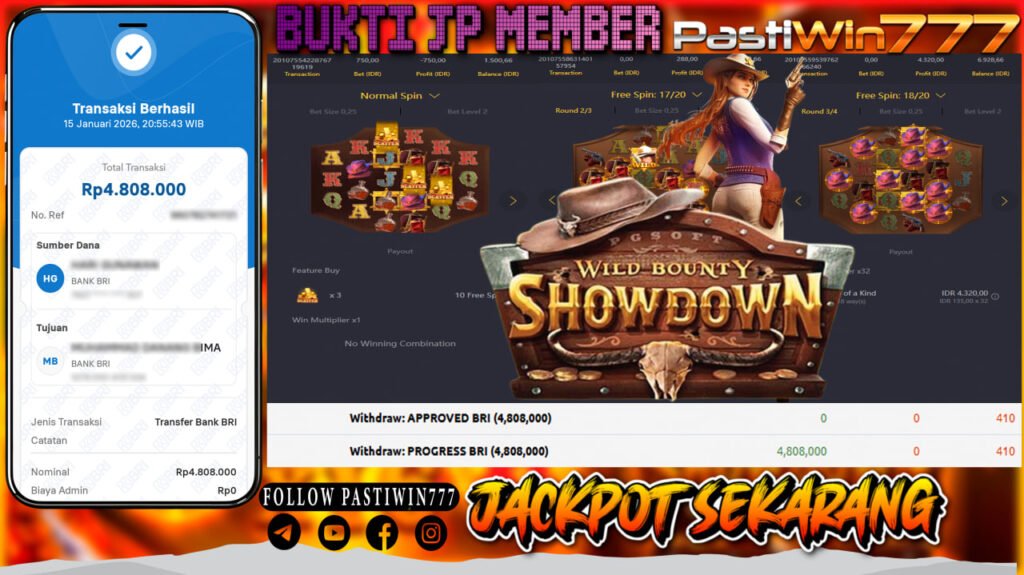 BUKTI JP MEMBER PASTIWIN777 BERMAIN WILD BOUNTY SHOWDOWN -PG SOFT