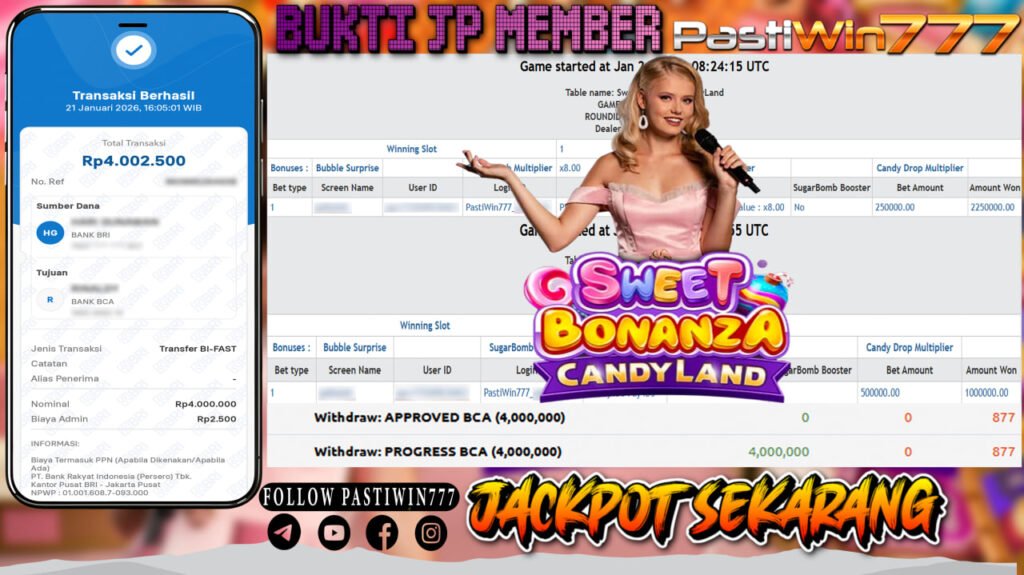 BUKTI JP MEMBER PASTIWIN777 BERMAIN SWEET BONANZA CANDY LAND – LIVE PRAGMATIC PLAY