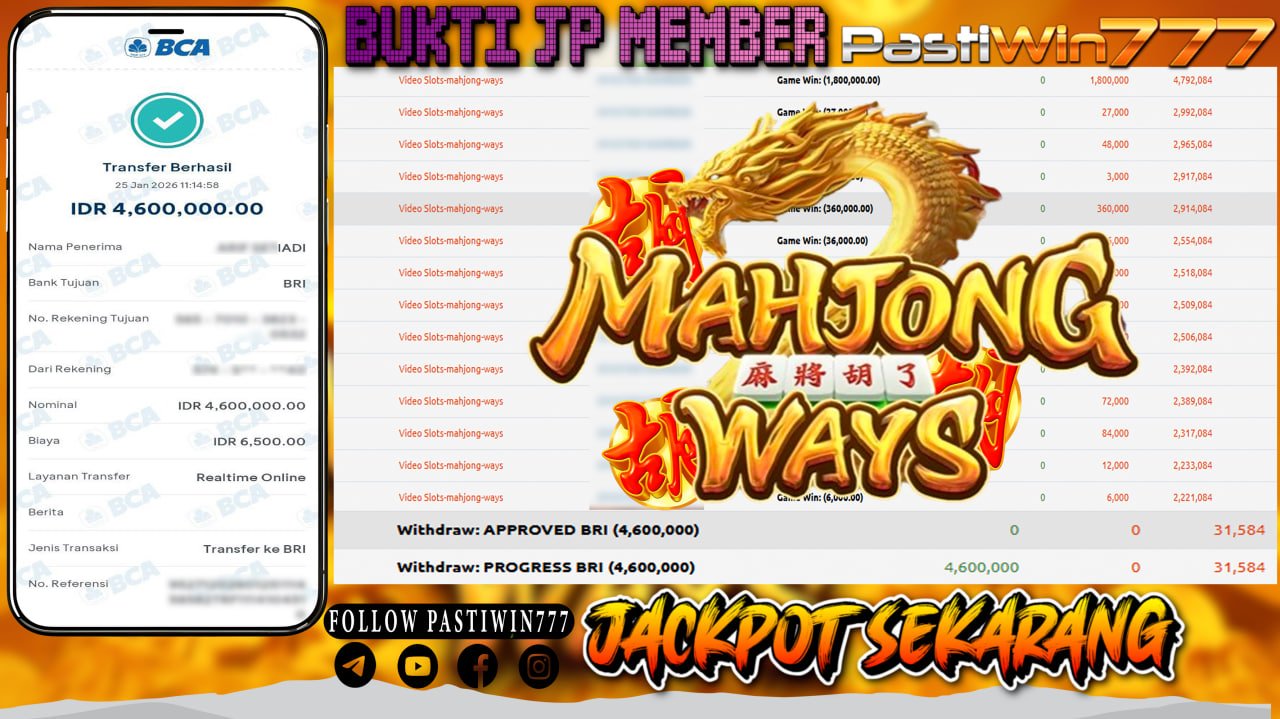 BUKTI JP MEMBER PASTIWIN777 BERMAIN GAME MAHJONG WAYS -PG SOFT