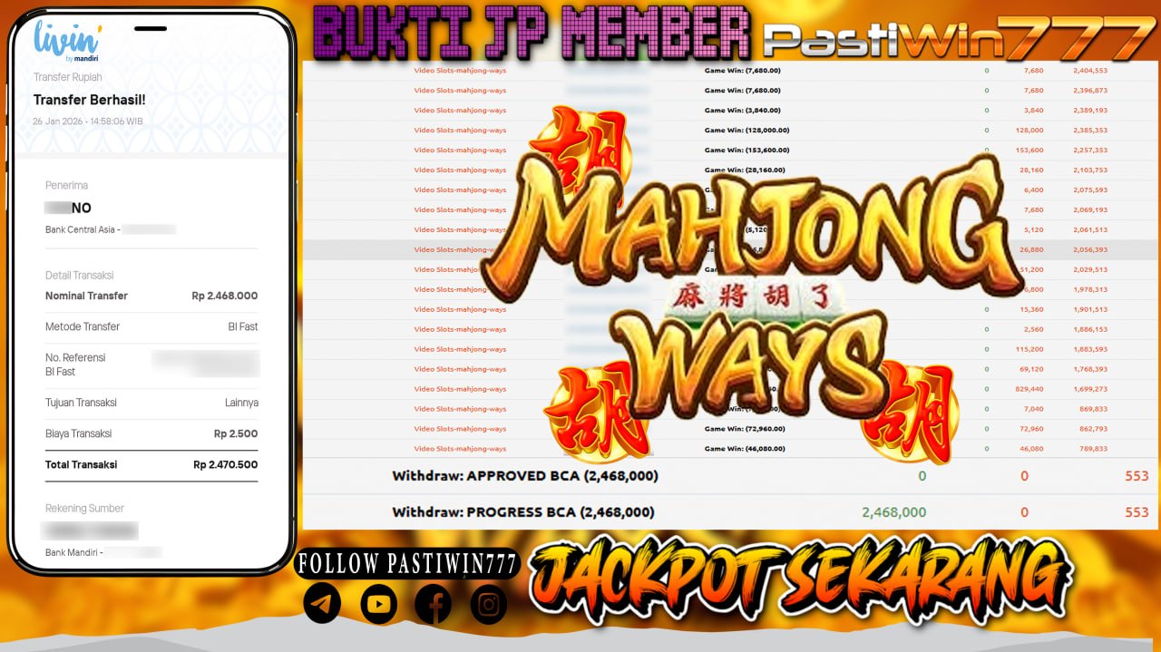 BUKTI JP MEMBER PASTIWIN777 BERMAIN GAME MAHJONG WAYS -PG SOFT