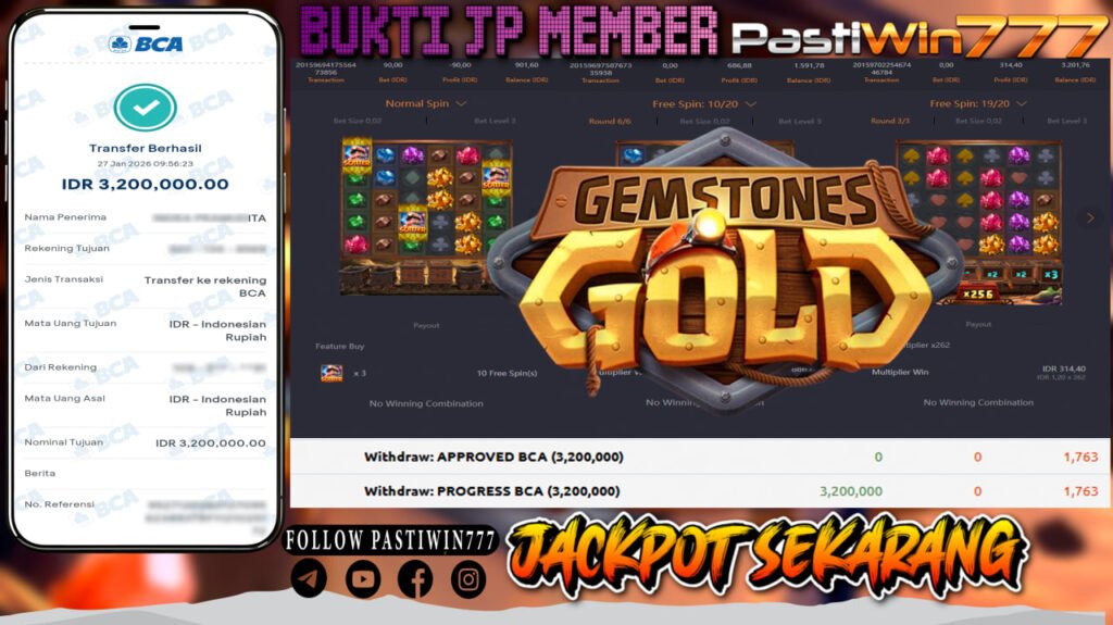 BUKTI JP MEMBER PASTIWIN777 BERMAIN GAME GEMSTONES GOLD-PG SOFT