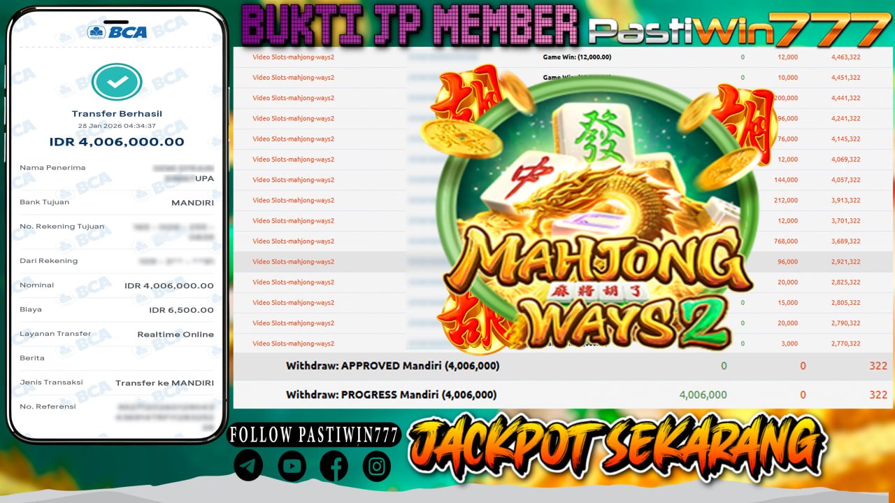 BUKTI JP MEMBER PASTIWIN777 BERMAIN GAME MAHJONG WAYS 2 -PG SOFT