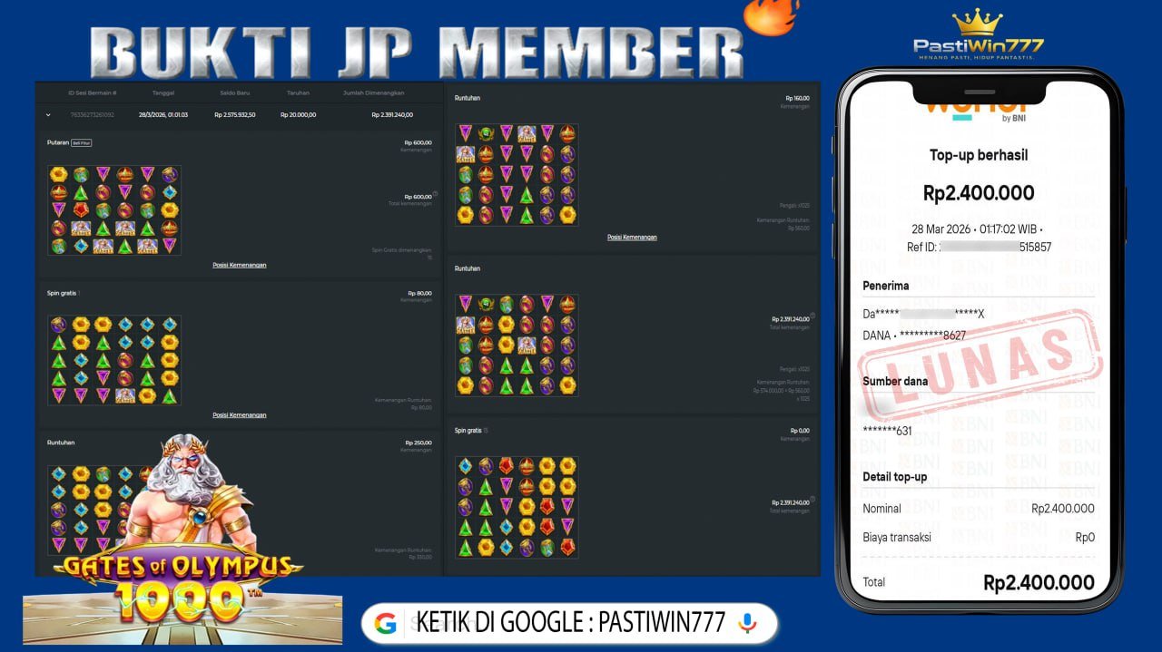 BUKTI JP BESAR MEMBER PASTIWIN777 – GATES OF OLYMPUS X-MAS 1000 – PRAGMATIC PLAY