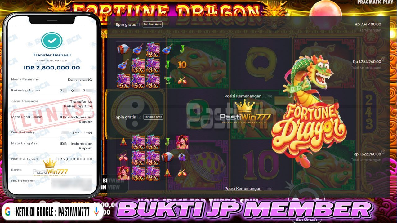 BUKTI JP BESAR MEMBER PASTIWIN777 – FORTUNE DRAGON – PGSOFT