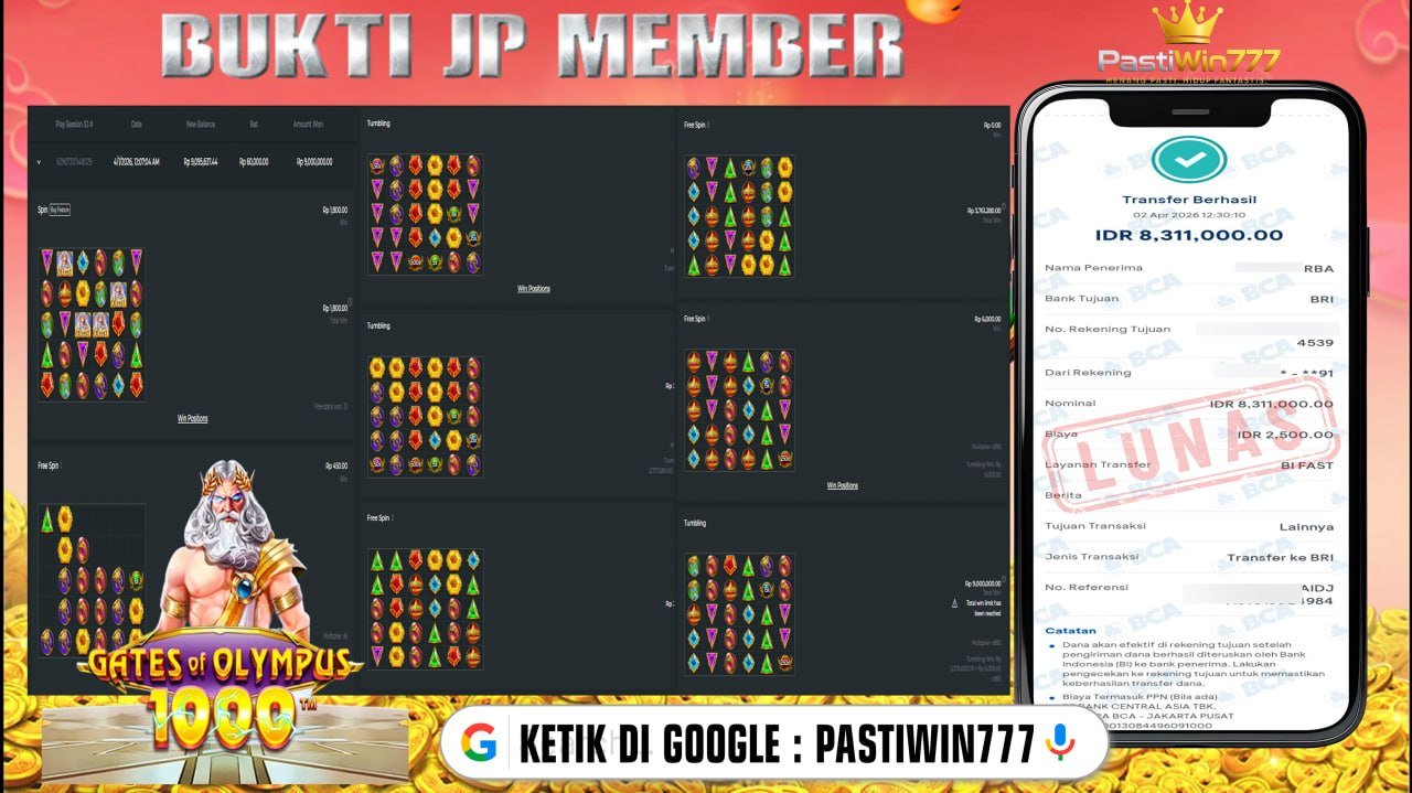 BUKTI JP BESAR MEMBER PASTIWIN777 – GATES OF OLYMPUS 1000 – PRAGMATIC PLAY