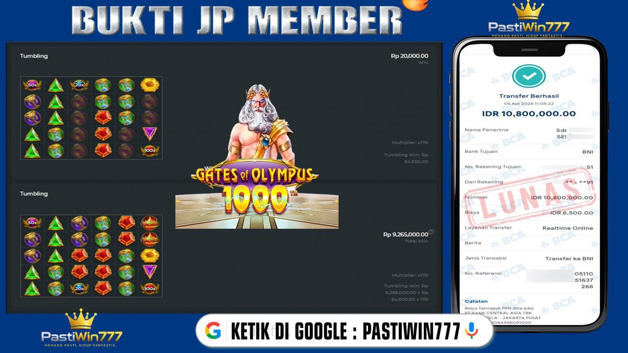 BUKTI JP BESAR MEMBER PASTIWIN777 – GATES OF OLYMPUS 1000 – PRAGMATIC PLAY