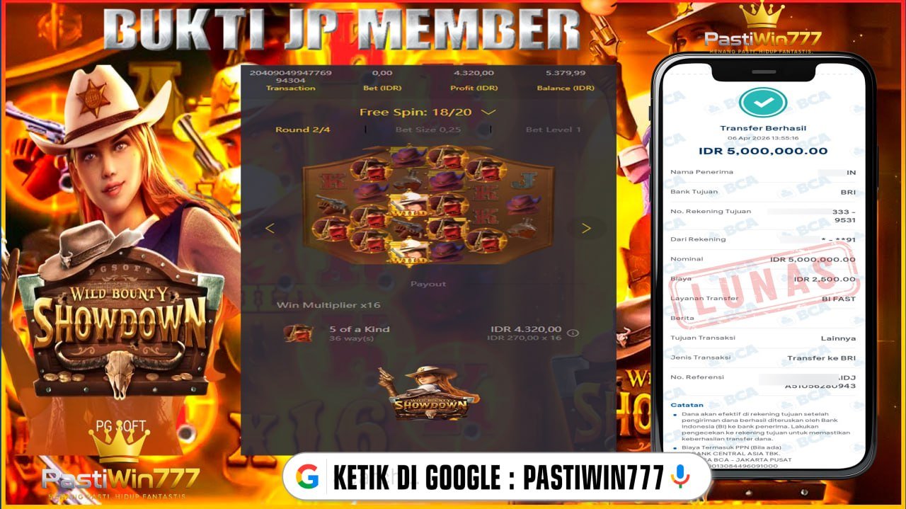 BUKTI JP MEMBER PASTIWIN777 BERMAIN WILD BOUNTY SHOWDOWN -PG SOFT