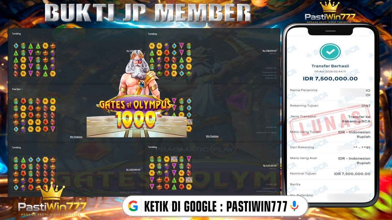 BUKTI JP BESAR MEMBER PASTIWIN777 – GATES OF OLYMPUS 1000 – PRAGMATIC PLAY